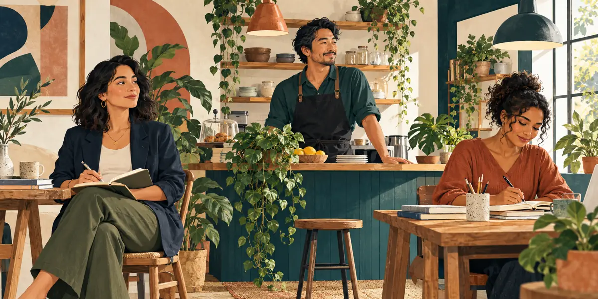 Editorial illustration of three small-business owners at work.